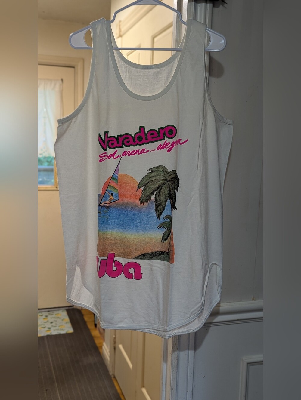 Vintage Varadero Cuba Graphic Tank Top — White with Pink & Tropical Print